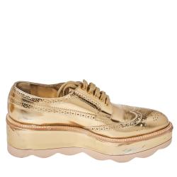 Pre Owned Prada Metallic Gold Brogue Leather Wave Wingtip Platform Derby Sneakers Size 37.5