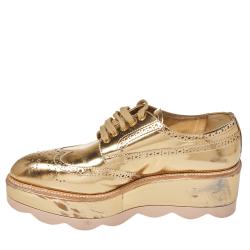 Pre Owned Prada Metallic Gold Brogue Leather Wave Wingtip Platform Derby Sneakers Size 37.5