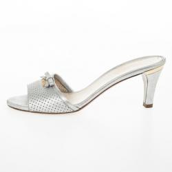 Pre Owned Prada Silver Perforated Saffiano Bow Slides Size 38