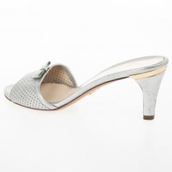 Pre Owned Prada Silver Perforated Saffiano Bow Slides Size 38