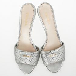 Pre Owned Prada Silver Perforated Saffiano Bow Slides Size 38