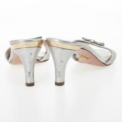 Pre Owned Prada Silver Perforated Saffiano Bow Slides Size 38