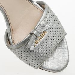 Pre Owned Prada Silver Perforated Saffiano Bow Slides Size 38