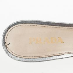 Pre Owned Prada Silver Perforated Saffiano Bow Slides Size 38