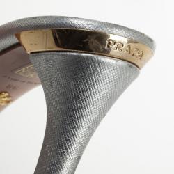 Pre Owned Prada Silver Perforated Saffiano Bow Slides Size 38