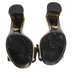Prada Metallic Gold Leather With Black Grosgrain Bow Open Toe Sandals Size 36