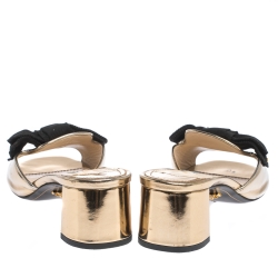 Prada Metallic Gold Leather With Black Grosgrain Bow Open Toe Sandals Size 36