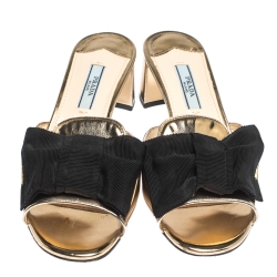 Prada Metallic Gold Leather With Black Grosgrain Bow Open Toe Sandals Size 36