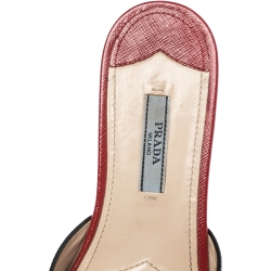 Pre Owned Prada Red Patent Saffiano Leather Logo Embellished Flat Slides Size 36