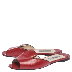Pre Owned Prada Red Patent Saffiano Leather Logo Embellished Flat Slides Size 36