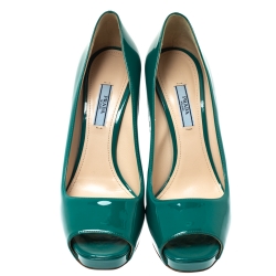 Pre Owned Prada Teal Green Patent Leather Peep Toe Platform Pumps Size 40