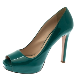 Pre Owned Prada Teal Green Patent Leather Peep Toe Platform Pumps Size 40