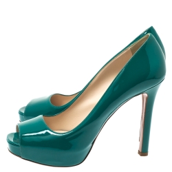 Pre Owned Prada Teal Green Patent Leather Peep Toe Platform Pumps Size 40