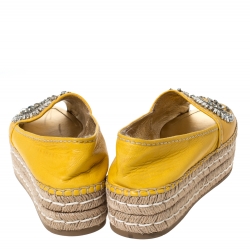 Pre Owned Prada Yellow Leather Crystal Embellished Peep Toe Platform Flat Espadrilles Size 40