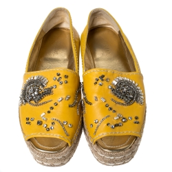 Pre Owned Prada Yellow Leather Crystal Embellished Peep Toe Platform Flat Espadrilles Size 40