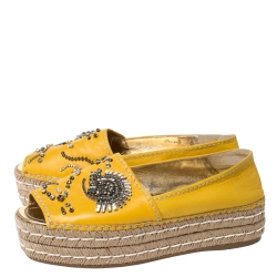 Pre Owned Prada Yellow Leather Crystal Embellished Peep Toe Platform Flat Espadrilles Size 40