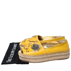 Pre Owned Prada Yellow Leather Crystal Embellished Peep Toe Platform Flat Espadrilles Size 40