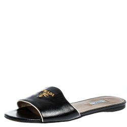 Pre Owned Prada Black Patent Leather Flat Slides Size 39