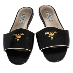 Pre Owned Prada Black Patent Leather Flat Slides Size 39