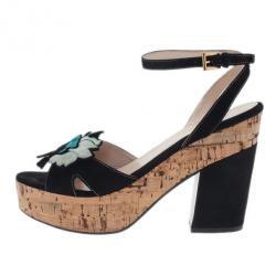 Prada Black Suede Flower Ankle Strap Sandals Size 39.5