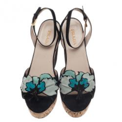 Prada Black Suede Flower Ankle Strap Sandals Size 39.5