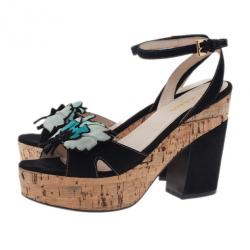 Prada Black Suede Flower Ankle Strap Sandals Size 39.5