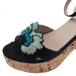 Prada Black Suede Flower Ankle Strap Sandals Size 39.5