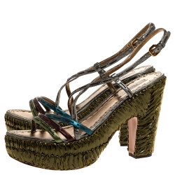 Pre Owned Prada Metallic Green Leather and Straw Strappy Platform  Sandals Size 40