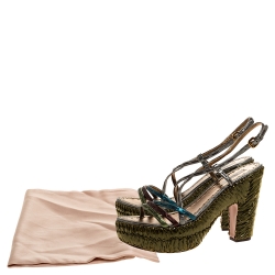 Pre Owned Prada Metallic Green Leather and Straw Strappy Platform  Sandals Size 40