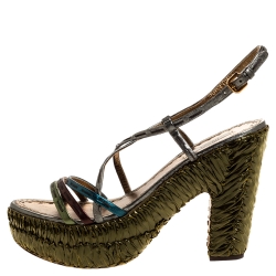 Pre Owned Prada Metallic Green Leather and Straw Strappy Platform  Sandals Size 40