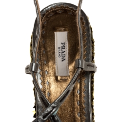 Pre Owned Prada Metallic Green Leather and Straw Strappy Platform  Sandals Size 40