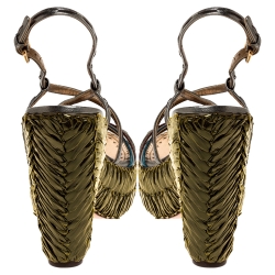 Pre Owned Prada Metallic Green Leather and Straw Strappy Platform  Sandals Size 40