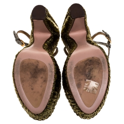 Pre Owned Prada Metallic Green Leather and Straw Strappy Platform  Sandals Size 40