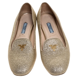 Pre Owned Prada Gold Glitter Smoking Slippers Size 38