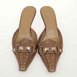 Pre Owned Prada Brown Leather Studded Mules 36.5