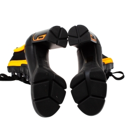 Pre Owned Prada Black/Orange Leather and Neoprene Neon Detail Lace up Ankle Boots Size 38