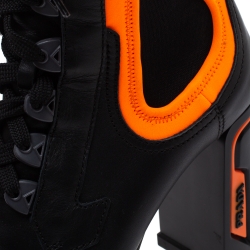 Pre Owned Prada Black/Orange Leather and Neoprene Neon Detail Lace up Ankle Boots Size 38