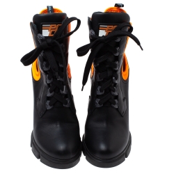 Pre Owned Prada Black/Orange Leather and Neoprene Neon Detail Lace up Ankle Boots Size 38