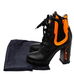 Pre Owned Prada Black/Orange Leather and Neoprene Neon Detail Lace up Ankle Boots Size 38
