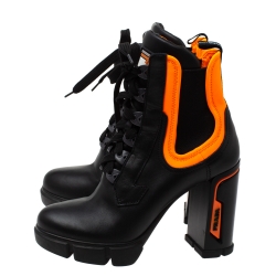 Pre Owned Prada Black/Orange Leather and Neoprene Neon Detail Lace up Ankle Boots Size 38