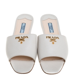 Pre Owned Prada Off White Saffiano Leather Slides Sandals Size 37