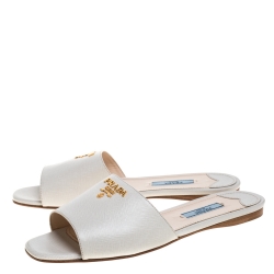 Pre Owned Prada Off White Saffiano Leather Slides Sandals Size 37