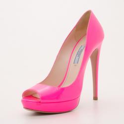 Pre Owned Prada Neon Pink Patent Peep-Toe Platform Pumps Size 39