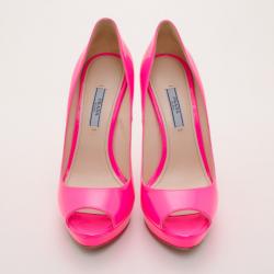 Pre Owned Prada Neon Pink Patent Peep-Toe Platform Pumps Size 39