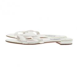 Pre Owned Prada White Croc Embossed Leather Flat Slides Size 40