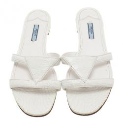 Pre Owned Prada White Croc Embossed Leather Flat Slides Size 40