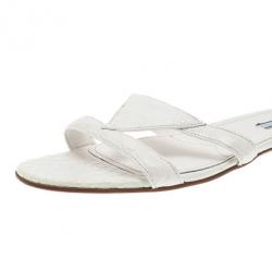 Pre Owned Prada White Croc Embossed Leather Flat Slides Size 40