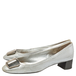 Pre Owned Prada Silver Leather Block Heel Buckle Pumps Size 40