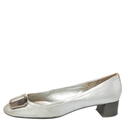 Pre Owned Prada Silver Leather Block Heel Buckle Pumps Size 40