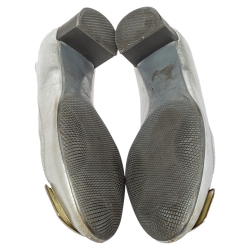 Pre Owned Prada Silver Leather Block Heel Buckle Pumps Size 40